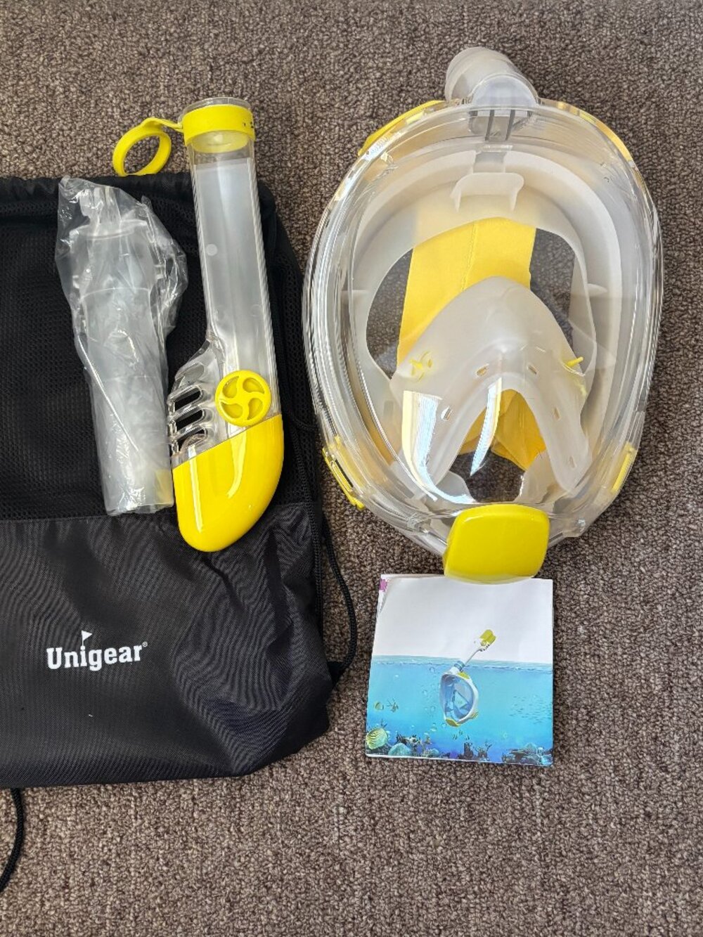 Full face snorkel mask panoramic 180 view yellow L/XL camara mount